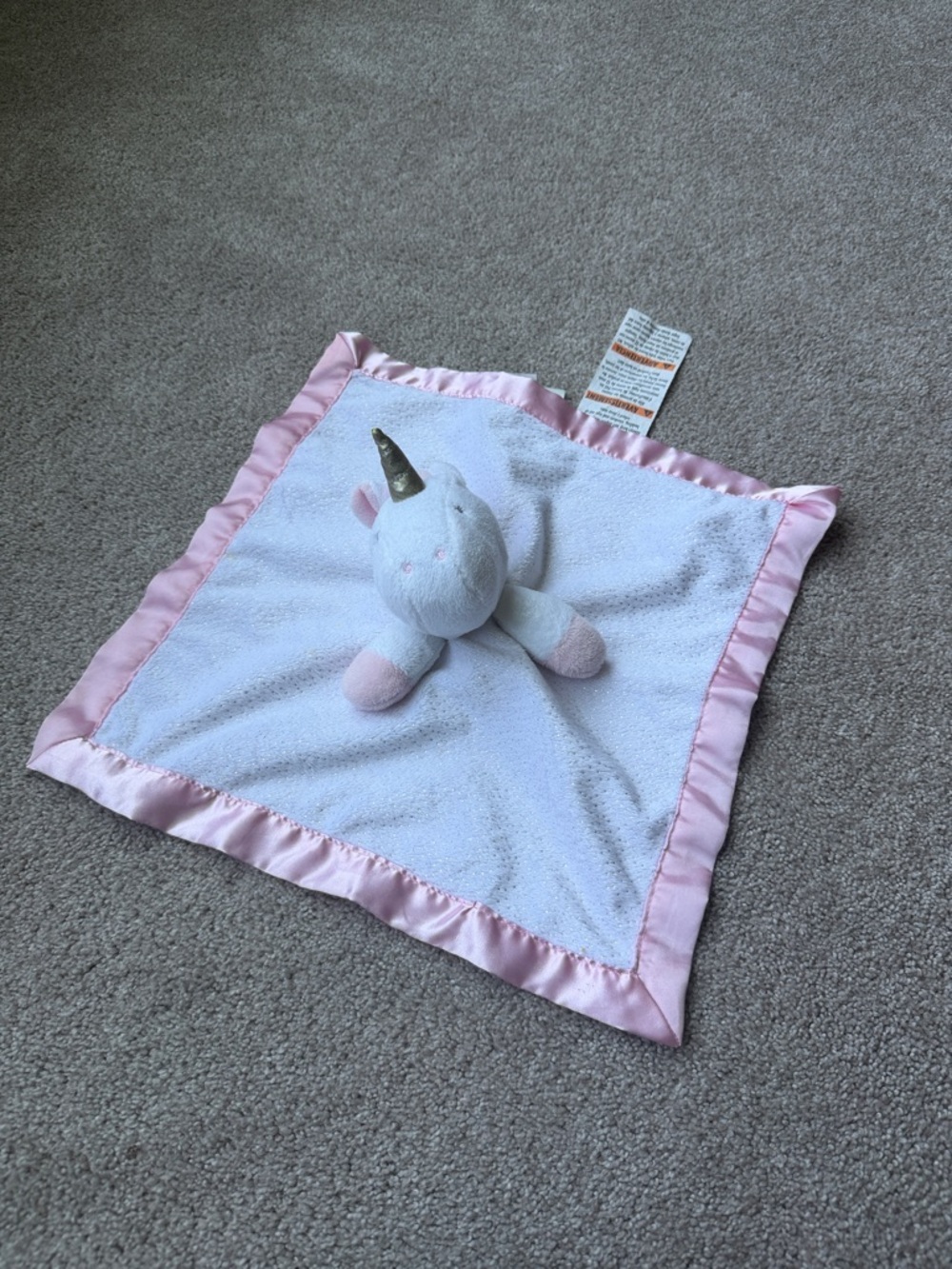 Cloud Island Pink White Unicorn Baby Blanket Sparkle Satin Security Lovey CLEAN